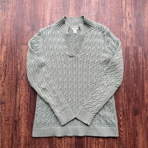 LL Bean Women’s M Sage Green Cotton Cable Knit Sweater Notch V-Neck Pullover
